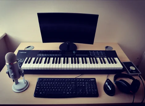 A computer with midi keyboard and microphone on a desk ready for online saxophone lessons