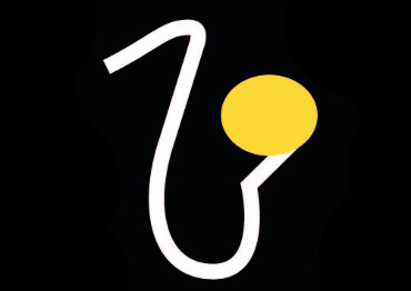 SaxTeacher UK Logo, a white tracing of a saxophone with a yellow bell.
