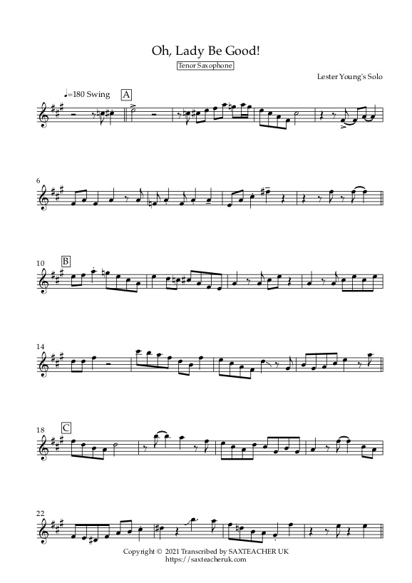 Free Transcription of Lester Young's solo on Oh, Lady Be Good!