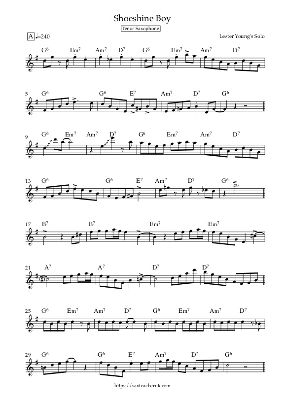 Free Transcription download of Lester Young's solo on Shoeshine Boy