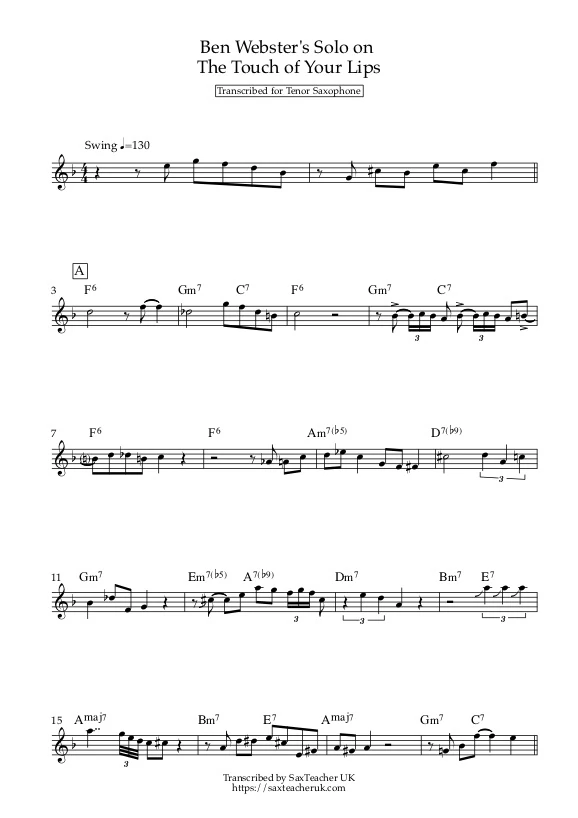 Free Sheet Music The Touch of Your Lips Ben Webster Transcription
